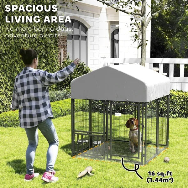 Welded Wire Outdoor Dog Kennel With Rotating & 4 Levels Adjustable Bowls - DropOnline.co