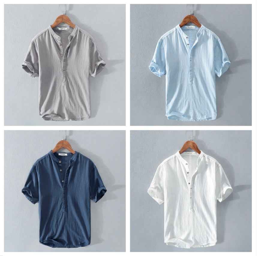 Men's Stand Collar Ice Silk Linen T-Shirt - Japanese Style Short Sleeve