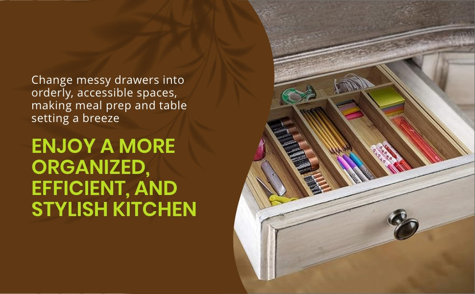 Bamboo Drawer Organizer, 9-Compartment Utensil Tray