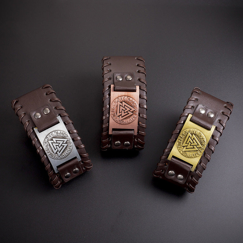 Nordic Viking Totem Triangle Energy Men's Leather Bracelet - DropOnline.co