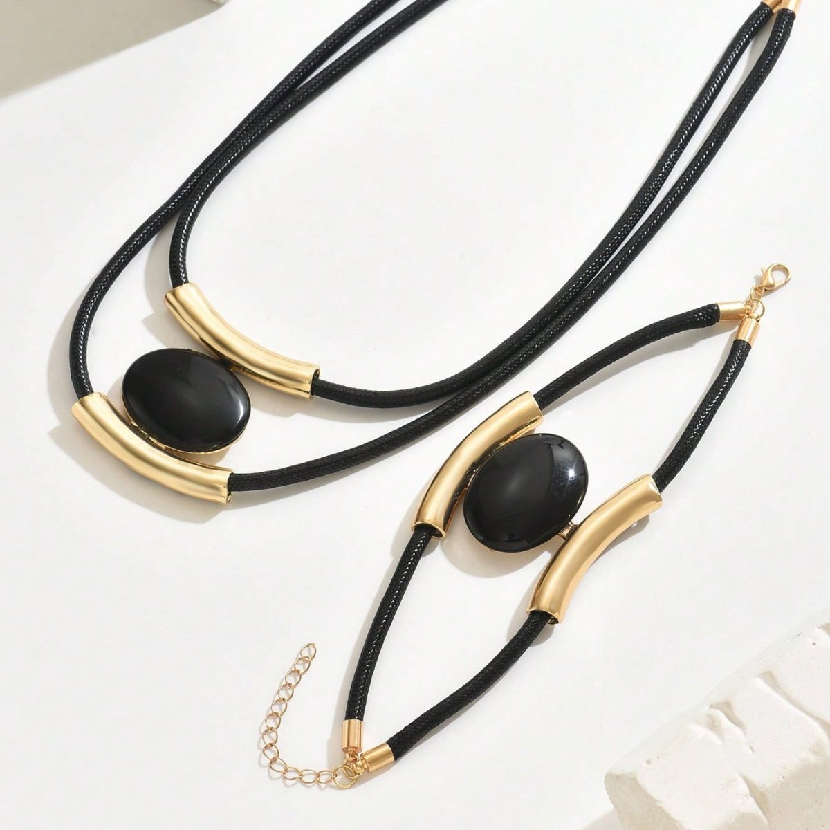 14K Gold Plated Golden Elegance  Black And Gold Statement Jewelry Set - DropOnline.co