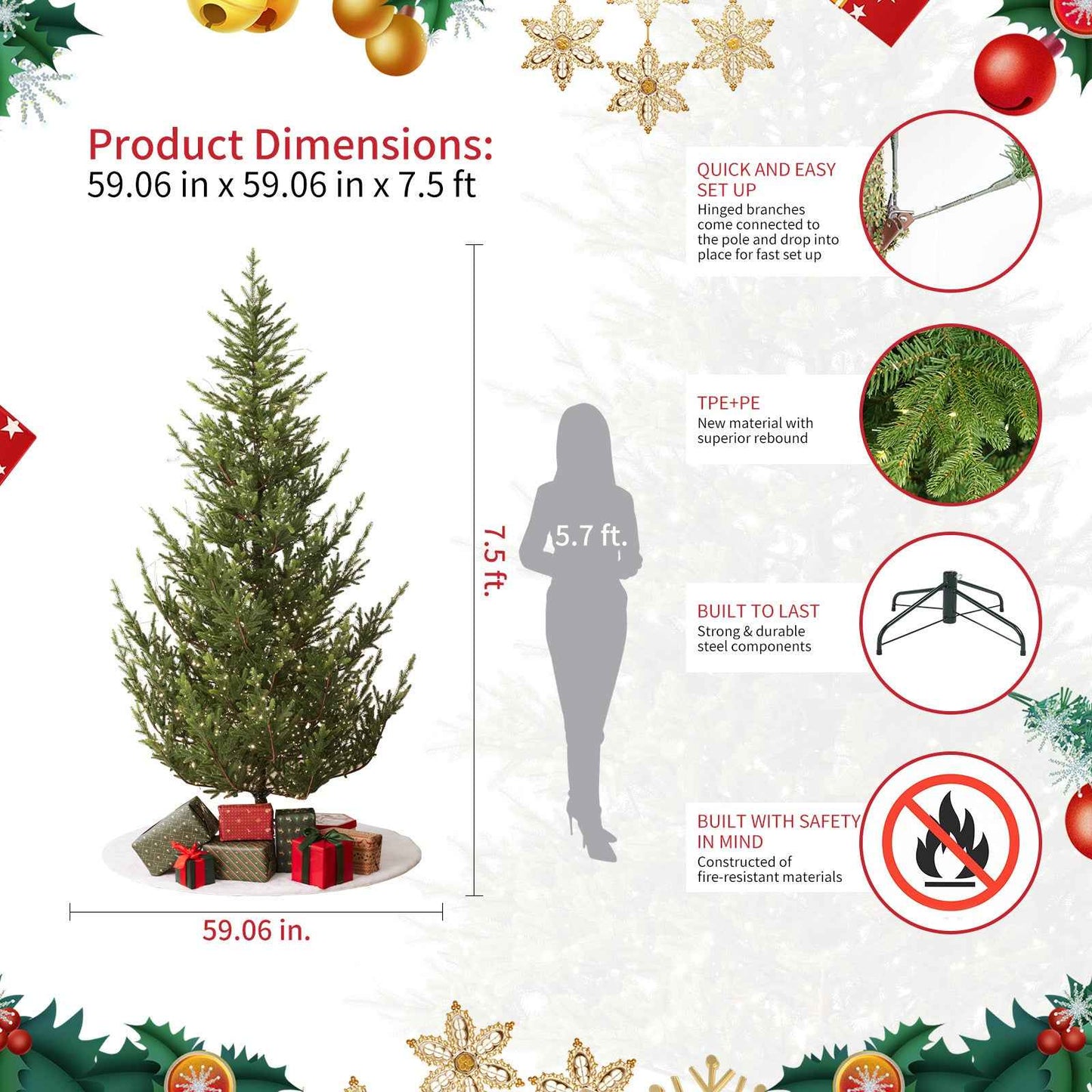 Aspen Slim Fir 7.5ft Christmas Tree Pre-Lit Artificial With 4,570 Branch Tips & 1,555 Low-Voltage Warm LED Lights, Foldable Stand & Realistic Flame-Resistant Branches