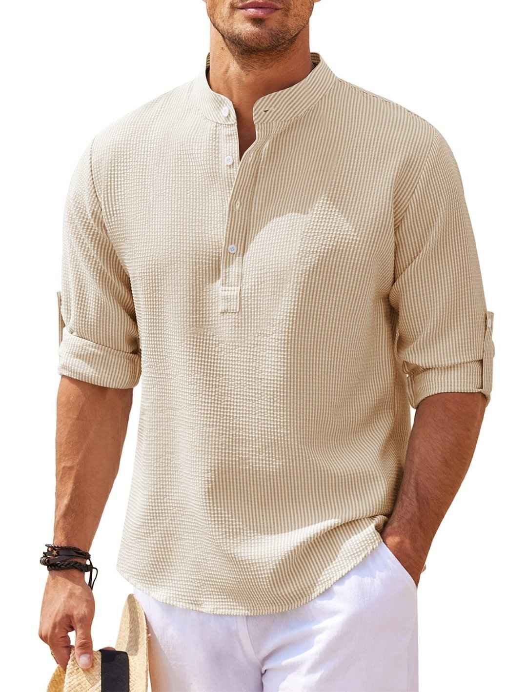 Men's Long Sleeve Stand Collar Shirt - Solid Color Casual Button-Up