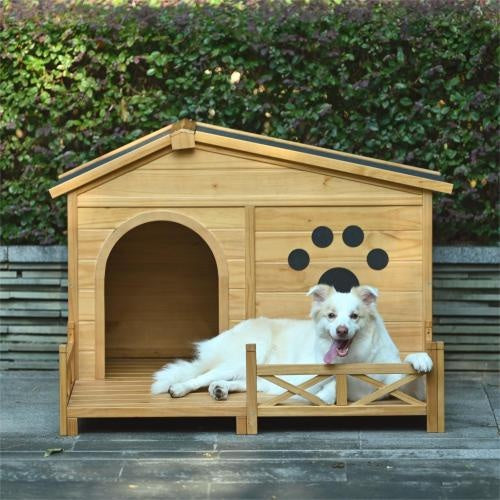 48 Wooden Dog House Outdoor With Porch, Dog Kennel With Water-Resistant Asphalt Roof And Fencing,Indoor & Outdoor Dog Crate With Paw Print, Medium, Nature - DropOnline.co
