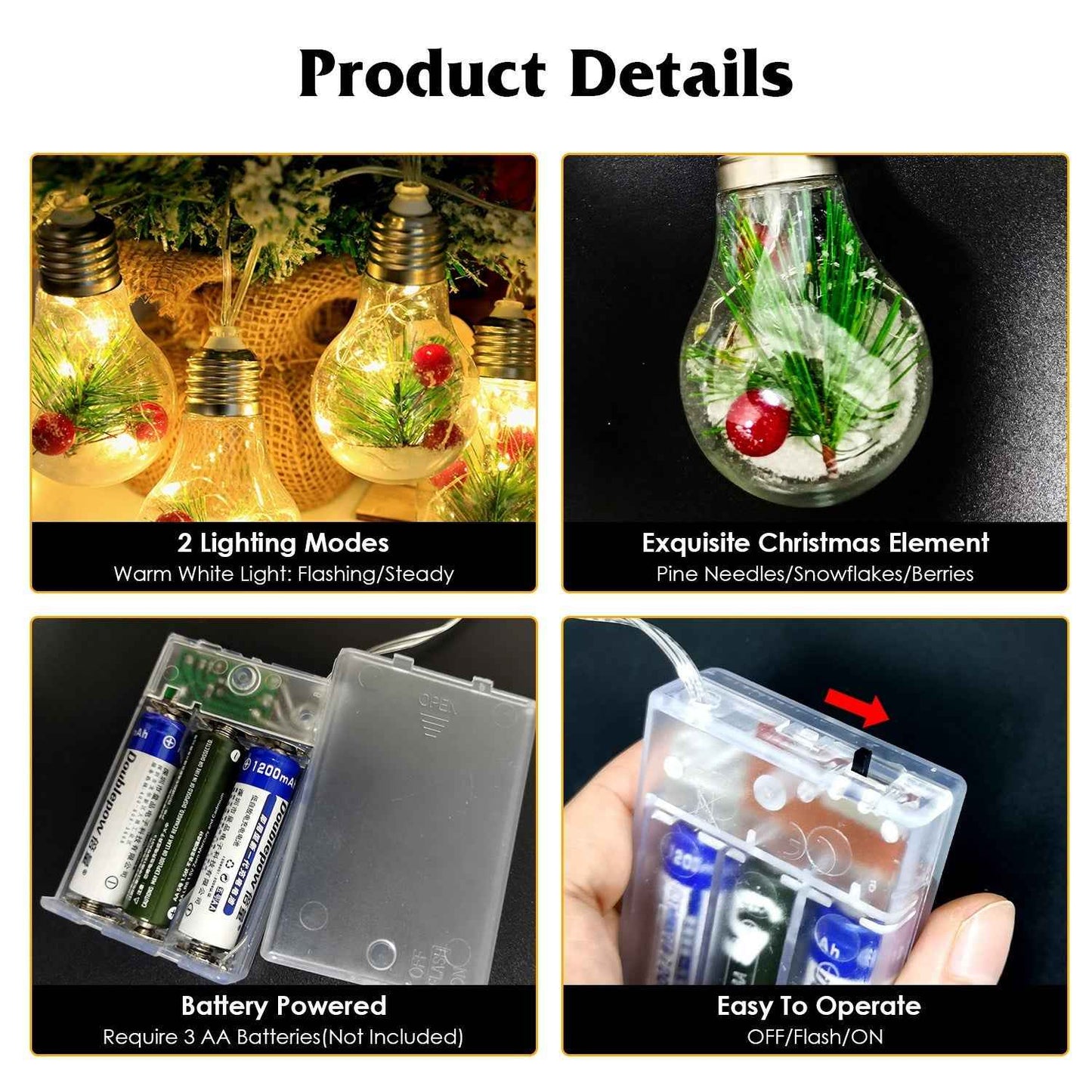 1Pc 13.78FT Christmas Snow Globe String Light Battery Powered 10 LED Bulbs Indoor Christmas Lights With Pine Needles Snowflakes Berries - DropOnline.co