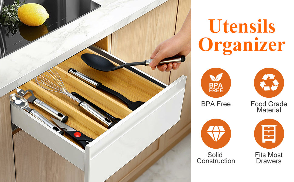 Large Expandable Bamboo Utensil Drawer Organizer