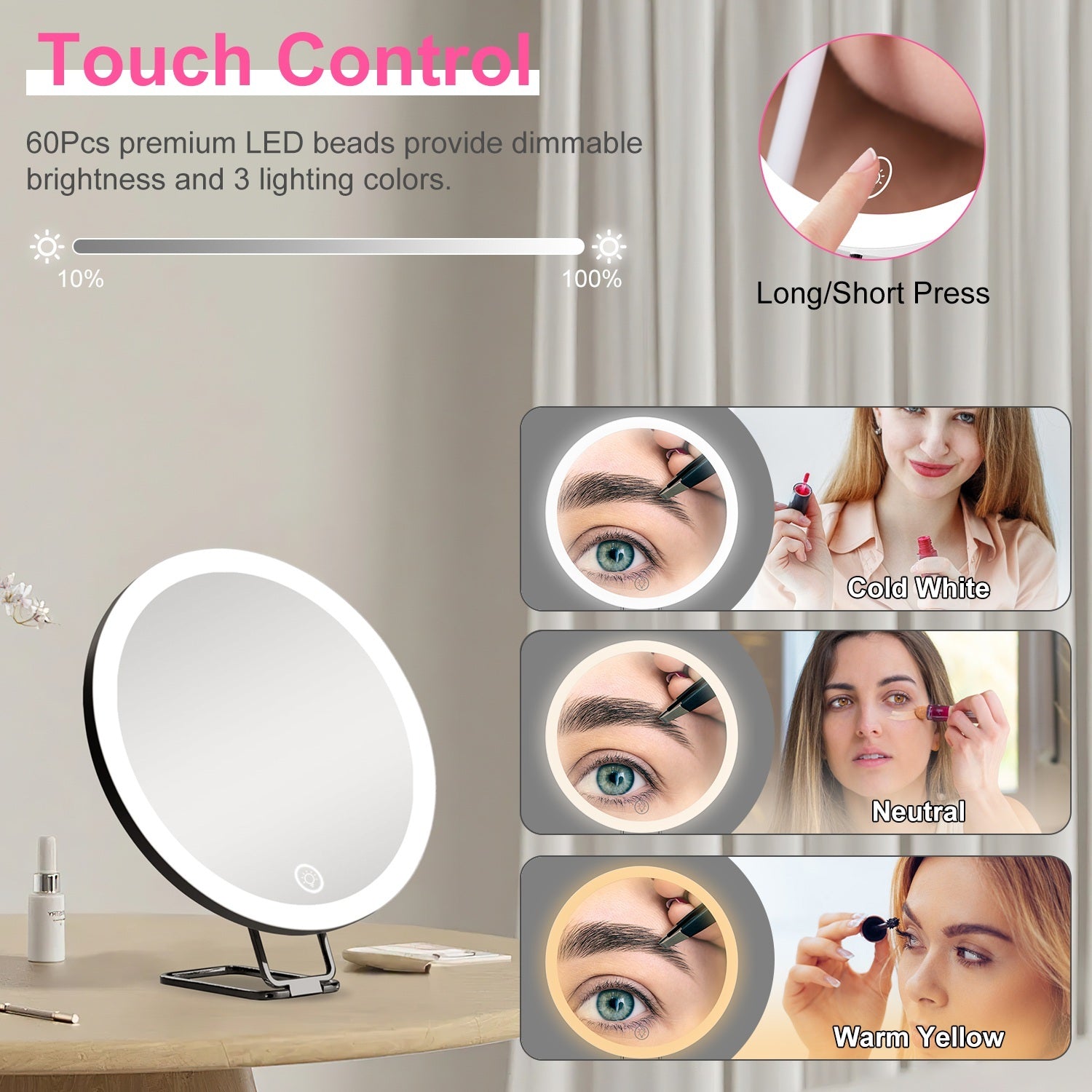 White-Black Options -- 1Pc 30X Magnifying Mirror With Light 3 Colors Dimmable Brightness Included Tweezer Scissor Travel Magnifying Makeup Mirror With Suction Cup 360 Degree Adjustable Stand - DropOnline.co