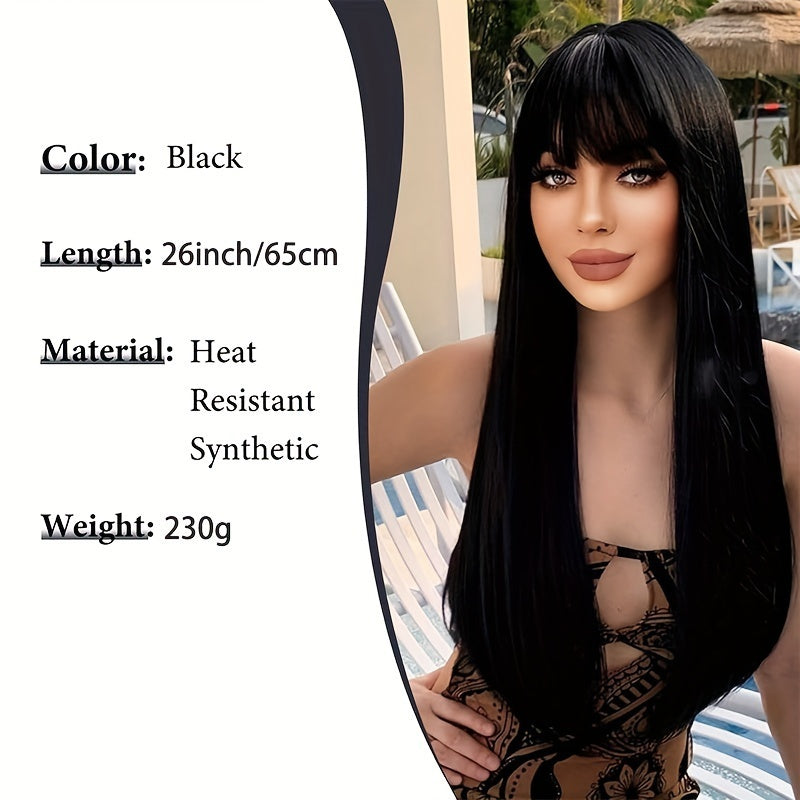 Stylish Synthetic Wig With Straight Hair, Non-toxic Wig, 26-inch Heat-resistant Long Black Hair, Bangs And Rose Net Hat, Suitable For The Whole Scene. - DropOnline.co