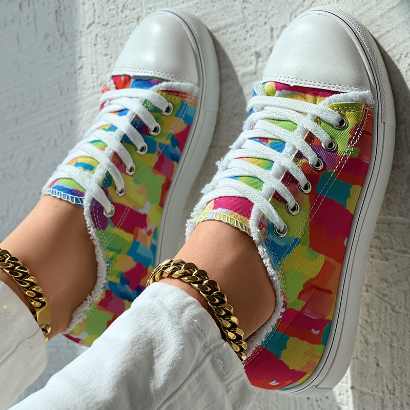 Melt Color Printed Tassel Hem Canvas Sneakers - Anklet Not Included - DropOnline.co