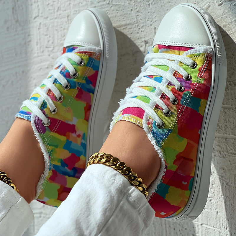 Melt Color Printed Tassel Hem Canvas Sneakers - Anklet Not Included - DropOnline.co