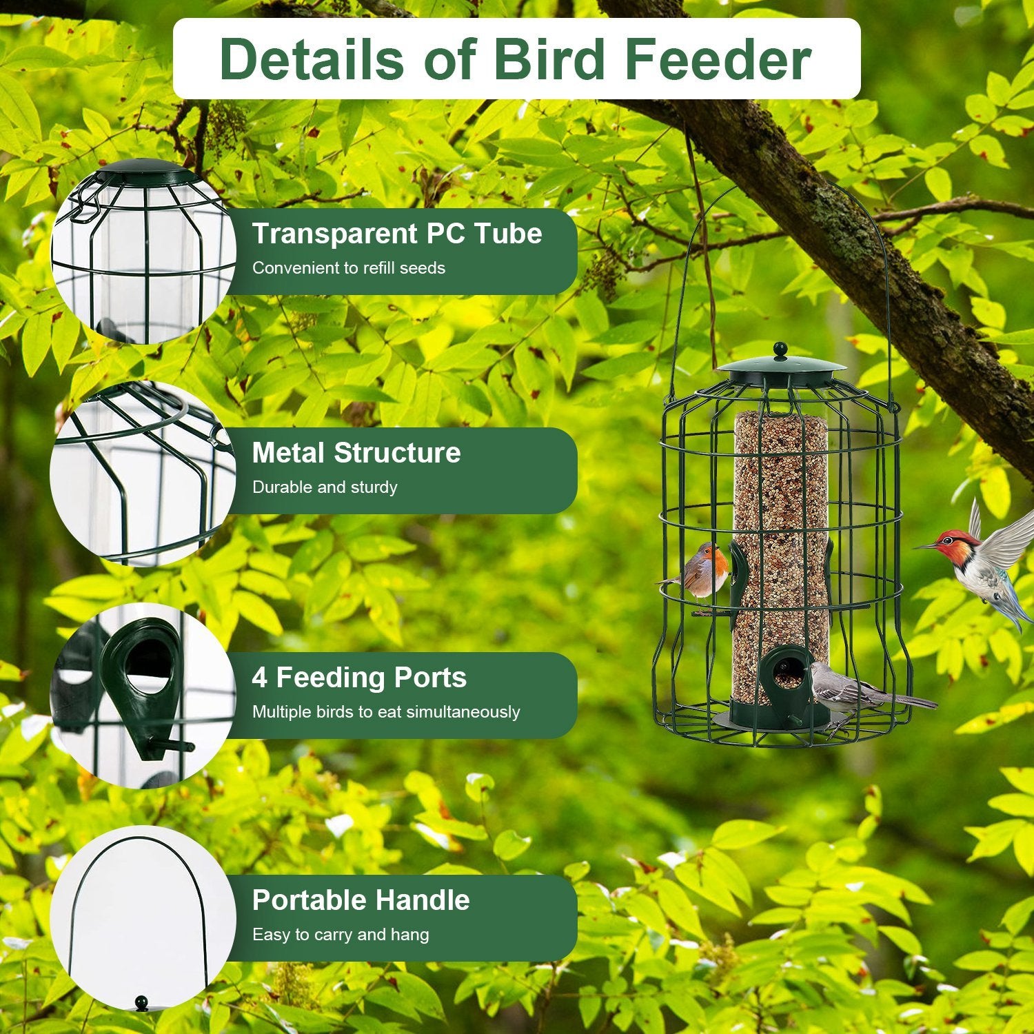 1Pc Outdoor Wild Bird Feeder Squirrel-Proof Chew-Proof Metal Hanging Seed Feeder With 4 Feeding Port For Small Songbirds - DropOnline.co