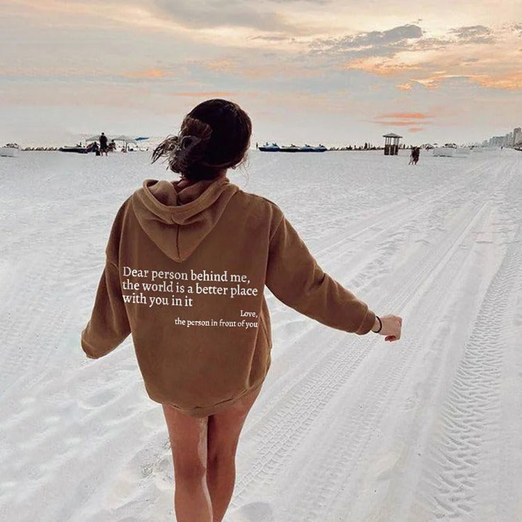 Dear Person Behind Me,the World Is A Better Place,with You In It,love,the Person In Front Of You,Women's Plush Letter Printed Kangaroo Pocket Drawstring Printed Hoodie Unisex Trendy Hoodies - DropOnline.co