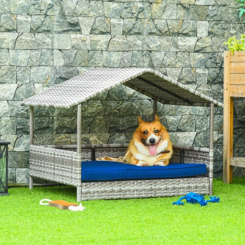The Rattan Dog House Outdoors With A Canopy, The Rattan Dog Bed With A Waterproof Mat Is Suitable For Small And Medium Sized Dogs - DropOnline.co