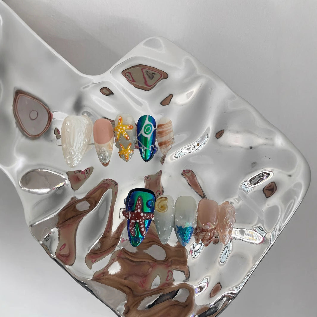 Hand-painted Happy Underwater World White Advanced Long Manicure - DropOnline.co