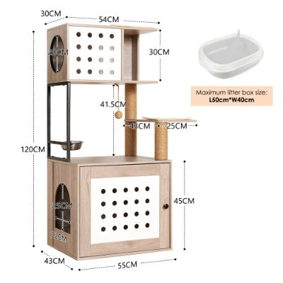 Cat Tree With Litter Box Enclosure, Allinone Cat Tower For Indoor Cats With Large Hammock, Bed, Food Station, Scratching Posts, Modern Style Pet Furniture, Gray White - DropOnline.co