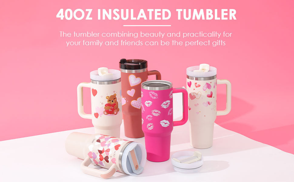 40 Oz Tumbler With Handle Straw Insulated, Stainless Steel Spill Proof Vacuum Coffee Cup Tumbler With Lid Tapered Mug Gifts For Valentine Lover Suitable For Car Gym Office Travel - DropOnline.co