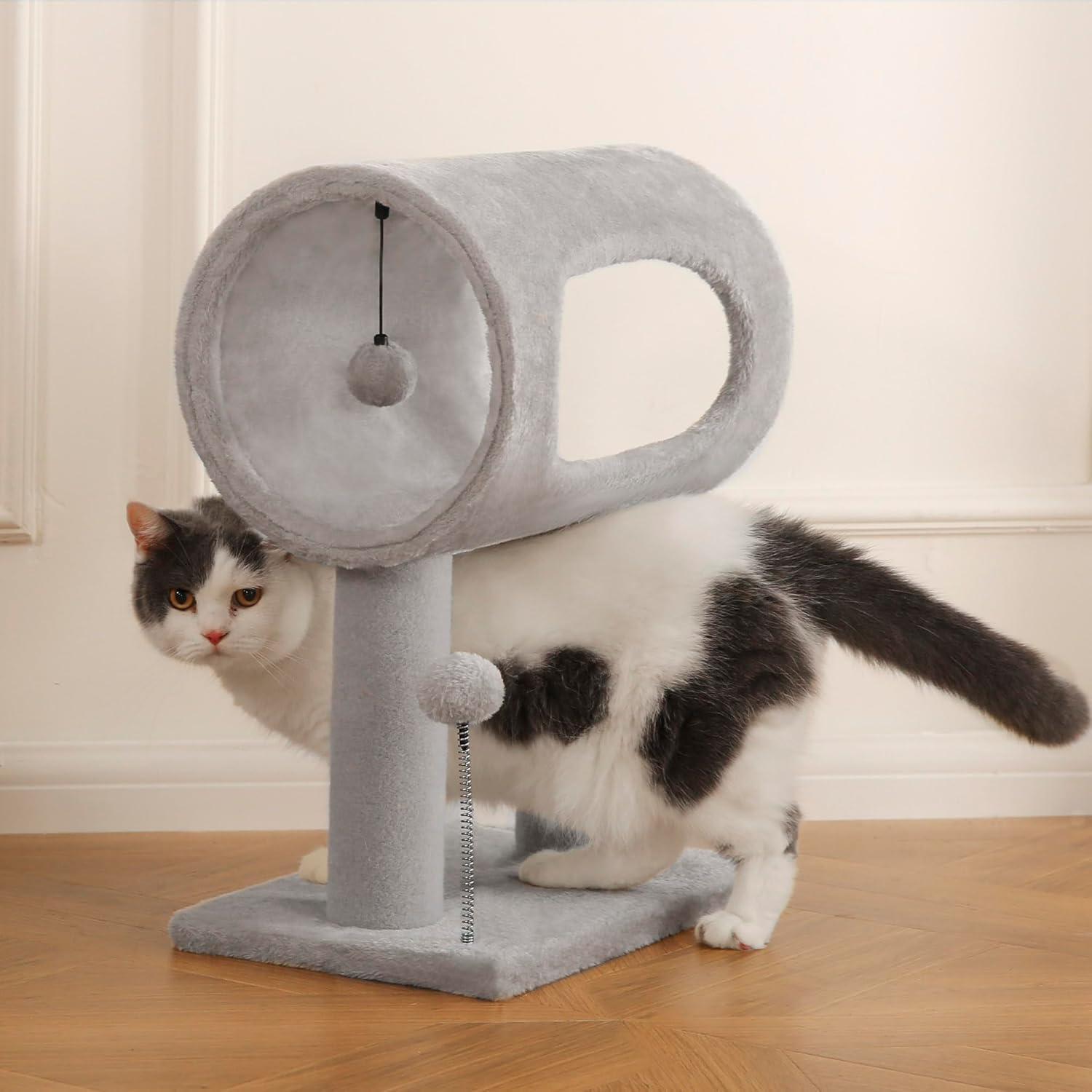 Gray Indoor Cat Tree With Hanging Ball 20.5Cat Tree With Tunnel Bed And Scratching Post Cat Tower - DropOnline.co