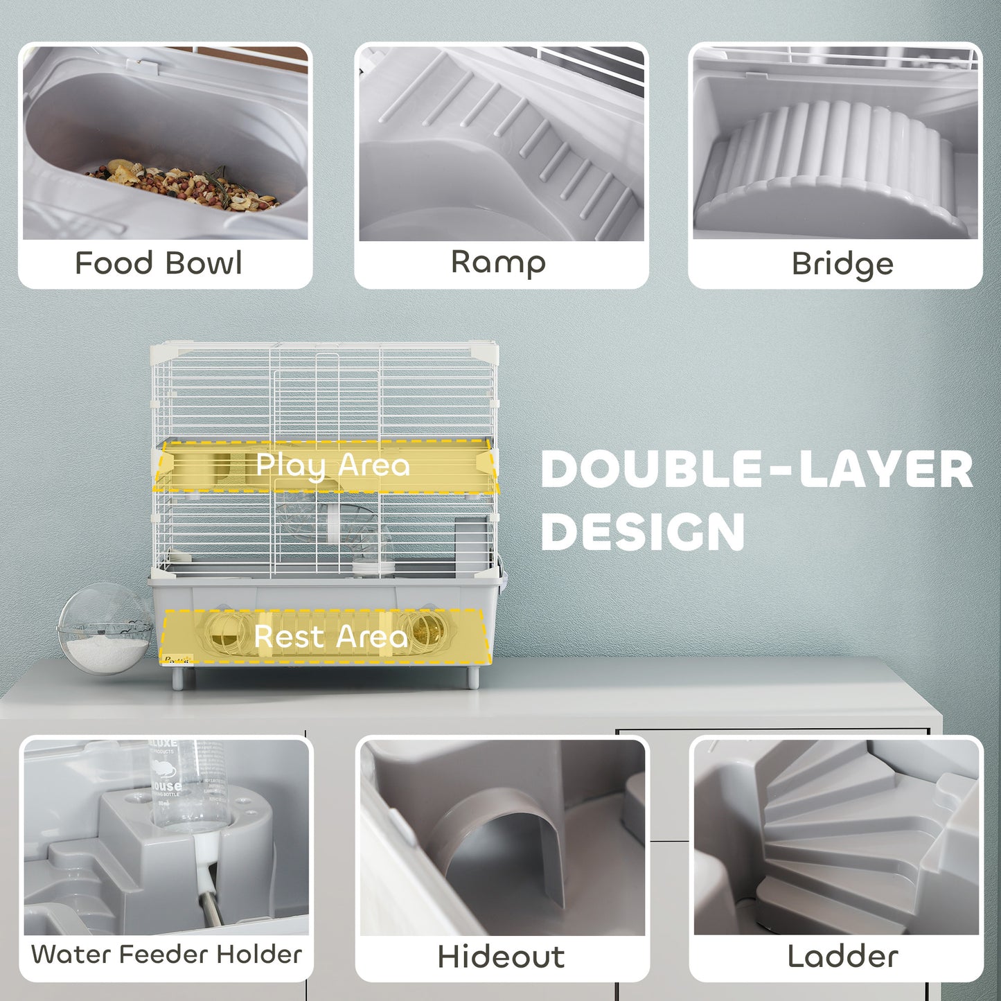 2-Tier Hamster Cage With Sand Bathroom, Running Wheel, Water Bottle, Tubes, Accessories, For Hamster, Gray - DropOnline.co