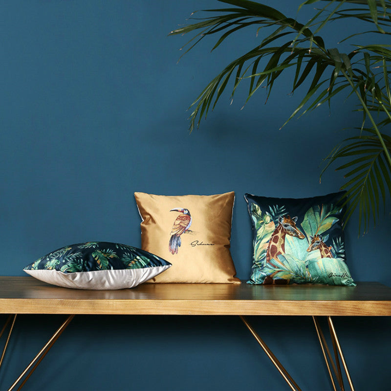 Modern rainforest bird green leaf print cushion cover - DropOnline.co