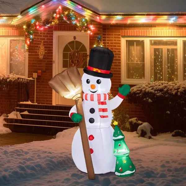 6.2FT Inflatable Snowman Holding Broom - LED Christmas Yard Decoration with Tree - DropOnline.co