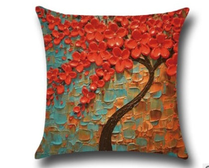 Three-dimensional Oil Painting Trees Flowers Cotton Cushion Cushion Pillowcase Car Waist Cushion Cover - DropOnline.co