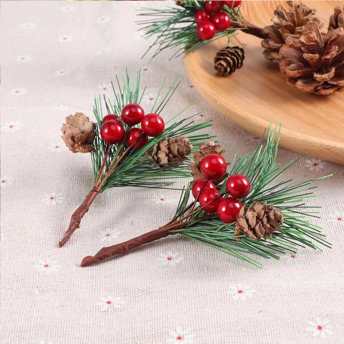 10 PCS Christmas Mini Artificial Pine Picks With Red Berries And Natural Pinecones Evergreen Pine Sprigs Holly Berries Faux Pine Needles For Festival Xmas Decorations Table Centerpiece - DropOnline.co