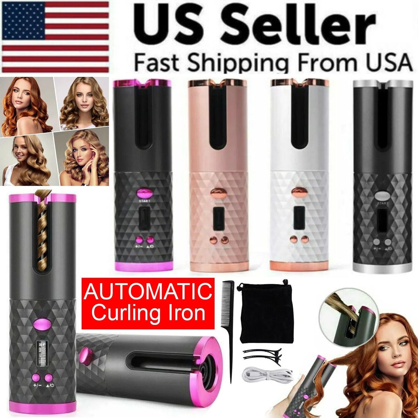 Hair Curler LCD Cordless Auto Rotating Waver Curling Iron Ceramic Wireless USA - DropOnline.co