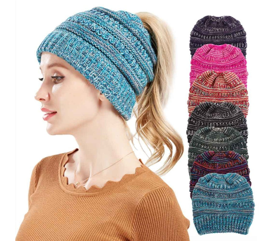 Women's Mixed Color Knitted Wool Hat - Ponytail Beanie - DropOnline.co
