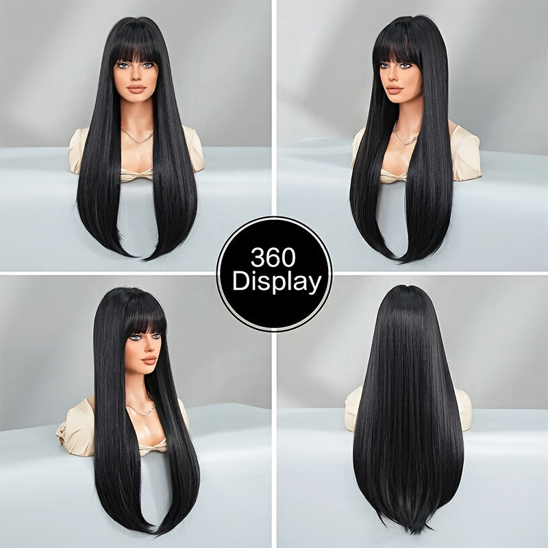 Stylish Synthetic Wig With Straight Hair, Non-toxic Wig, 26-inch Heat-resistant Long Black Hair, Bangs And Rose Net Hat, Suitable For The Whole Scene. - DropOnline.co