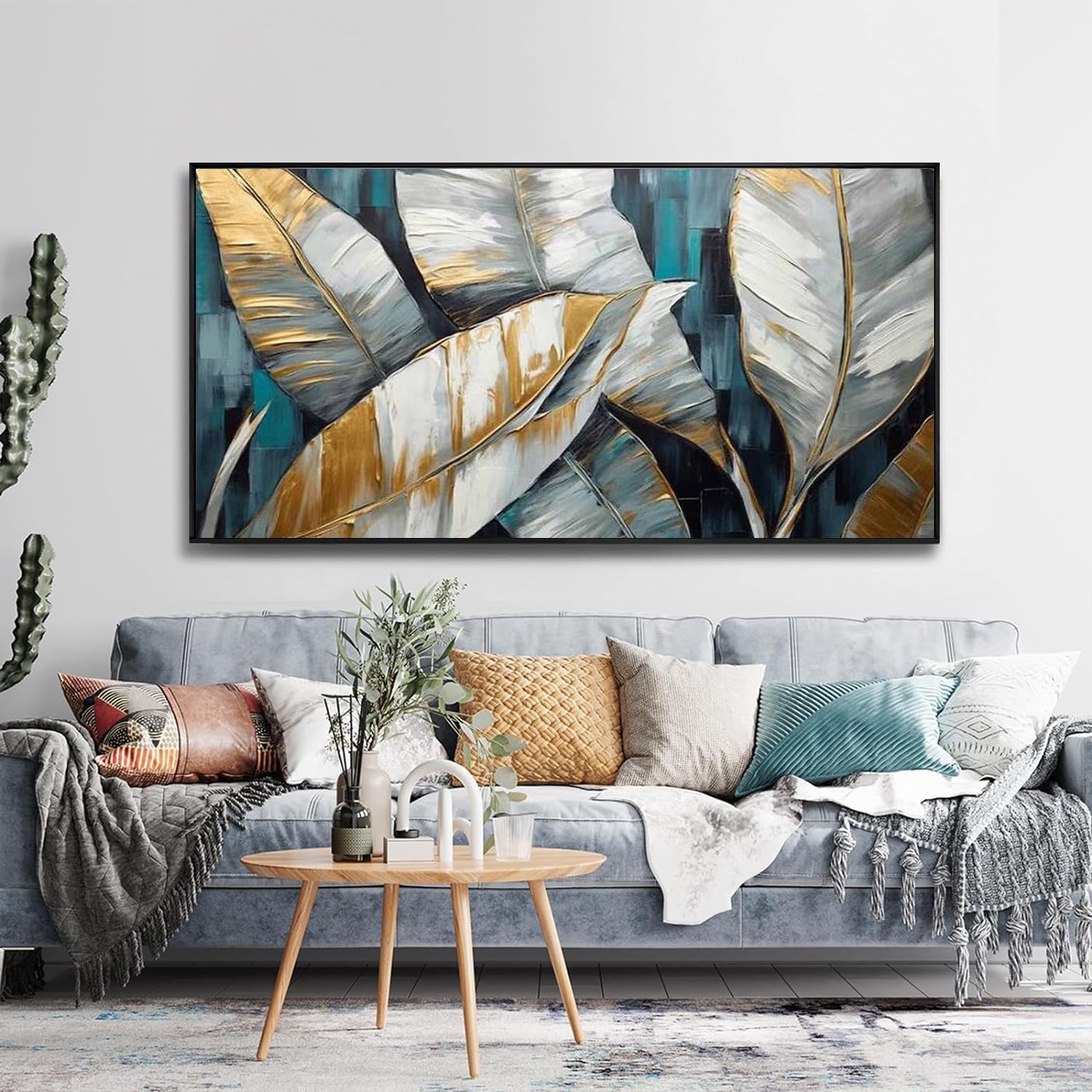 Handmade Oil Painting Canvas Wall Art Decoration Abstract Large Golden Green Banana Leaves Pictures Modern Family Bedroom Decor Rolled Frameless Unstretched Painting - DropOnline.co