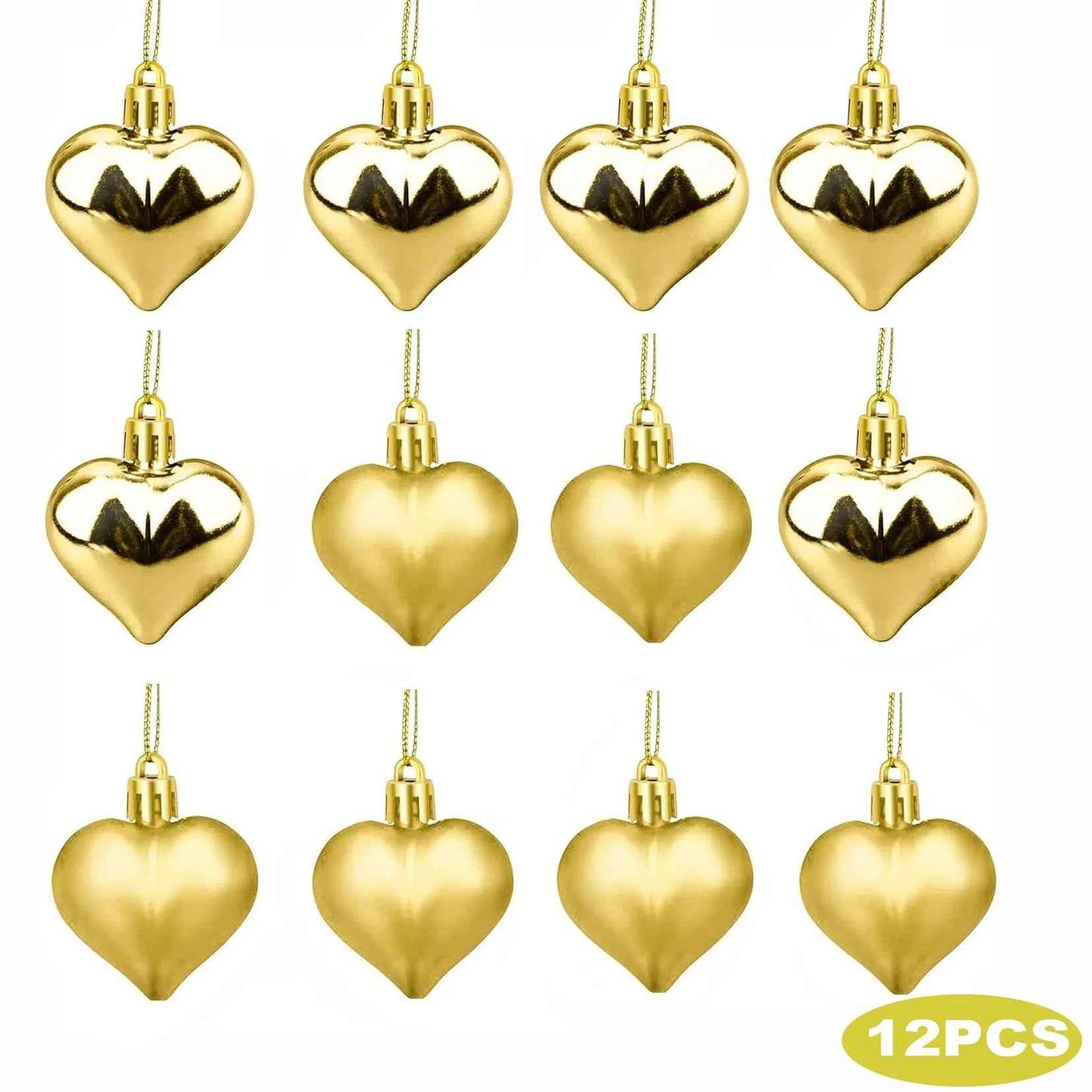 12PCS Christmas Heart Shape Ornaments - Gold Red Pink Silver Hanging Pendants - DropOnline.co
