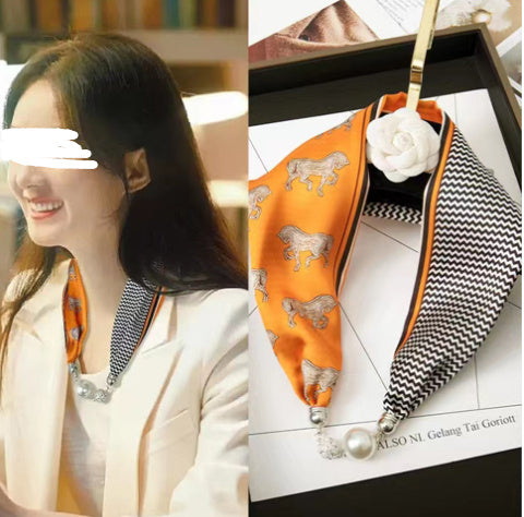 Magnetic Buckle Silk Scarf with Pearl Necklace - Women's Fashion Accessory - DropOnline.co
