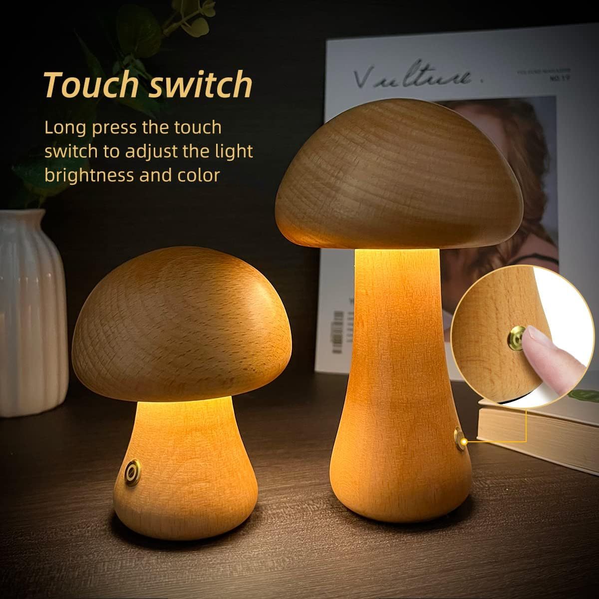 INS Wooden Cute Mushroom LED Night Light - Touch Switch Bedside Table Lamp for Bedroom - DropOnline.co