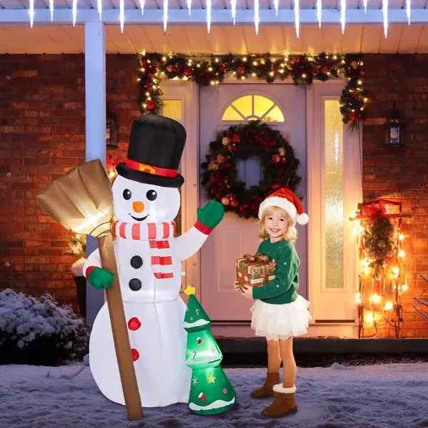 6.2FT Inflatable Snowman Holding Broom - LED Christmas Yard Decoration with Tree - DropOnline.co