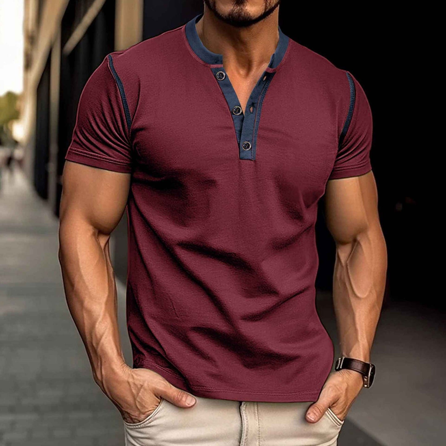 Men's Fashion Short Sleeve Polo Shirt - Summer Button V-Neck Top