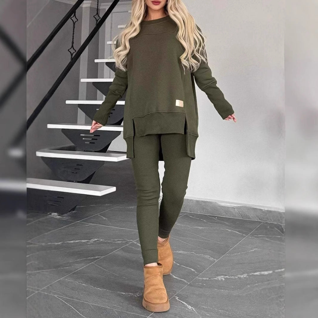 Women's Slit Long Sleeve Top And Trousers Suit - DropOnline.co