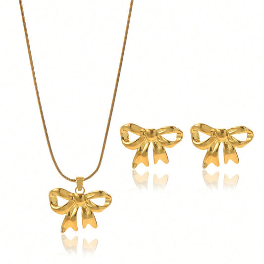 Lxalry 18K Gold Plated Stainless Steel Bow Jewelry Set For Women - Cute Waterproof Necklace & Earrings, Hypoallergenic, Elegant Gift For Birthday, Girlfriend, Christmas, Summer, Daily Wear - DropOnline.co