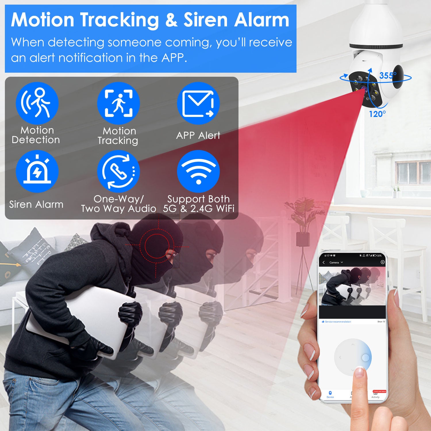 1Pc E27 WiFi Bulb Camera 1080P FHD WiFi IP Pan Tilt Security Surveillance Camera With Two-Way Audio Full Color Night Vision Flood Light Motion Tracking Siren Function APP Control - DropOnline.co