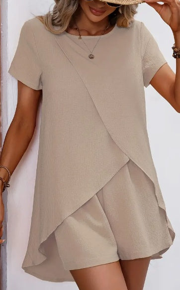 Solid Color Summer Casual Two-piece Set, Asymmetrical Hem Crew Neck Short Sleeve Top & Shorts Outfits, Women's Clothing