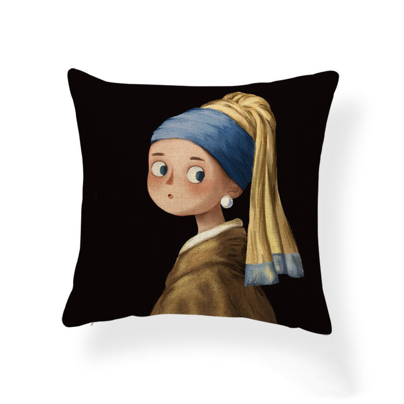 Cartoon Girl Printed Pillowcase Oil Painting Blended Cushion - DropOnline.co