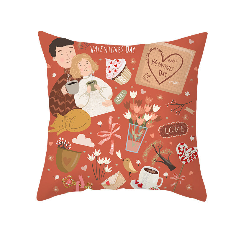 Valentine's Day Peach Skin Printed Cushion Cover - Romantic Living Room Bedroom Decoration - DropOnline.co