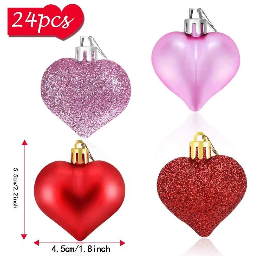 12PCS Christmas Heart Shape Ornaments - Gold Red Pink Silver Hanging Pendants - DropOnline.co
