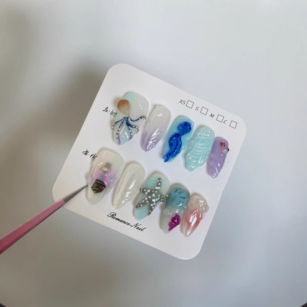 Hand-painted Happy Underwater World White Advanced Long Manicure - DropOnline.co