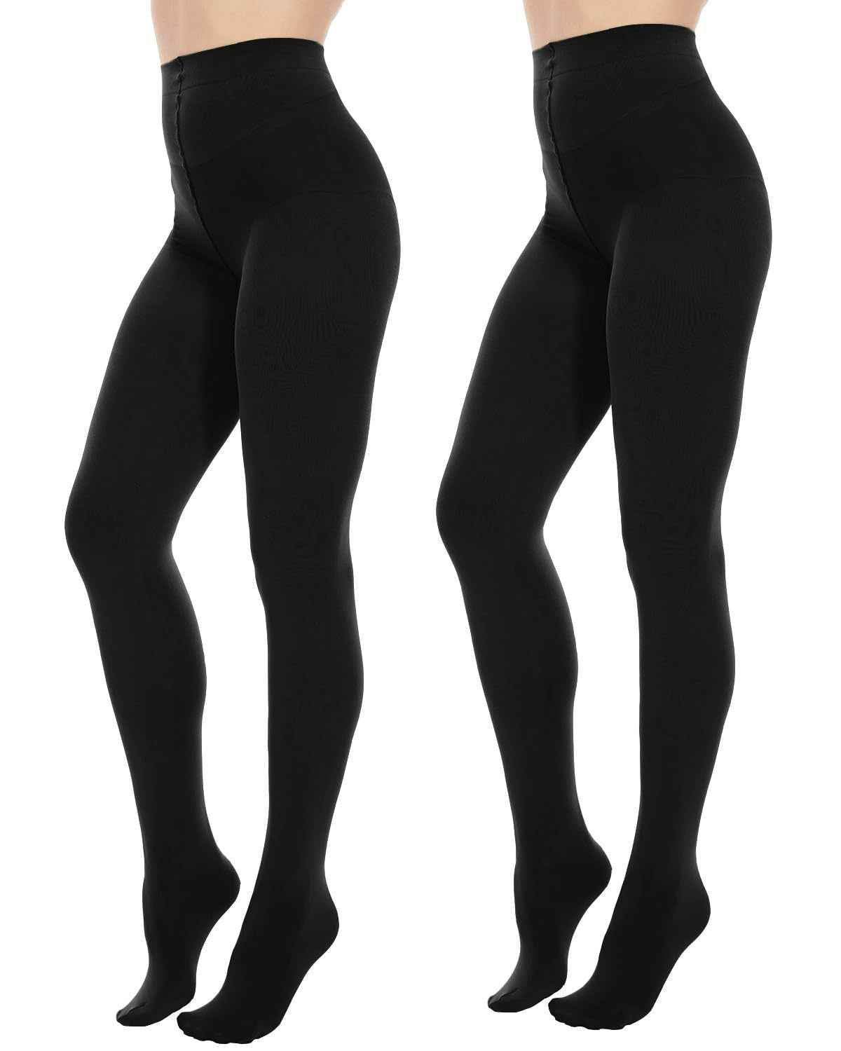 2-Pack 80D Opaque Black Tights for Women - Full Coverage Footed Tights