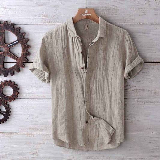 Men's Solid Color Retro Distressed Linen Shirt - Fashion Casual Button-Up