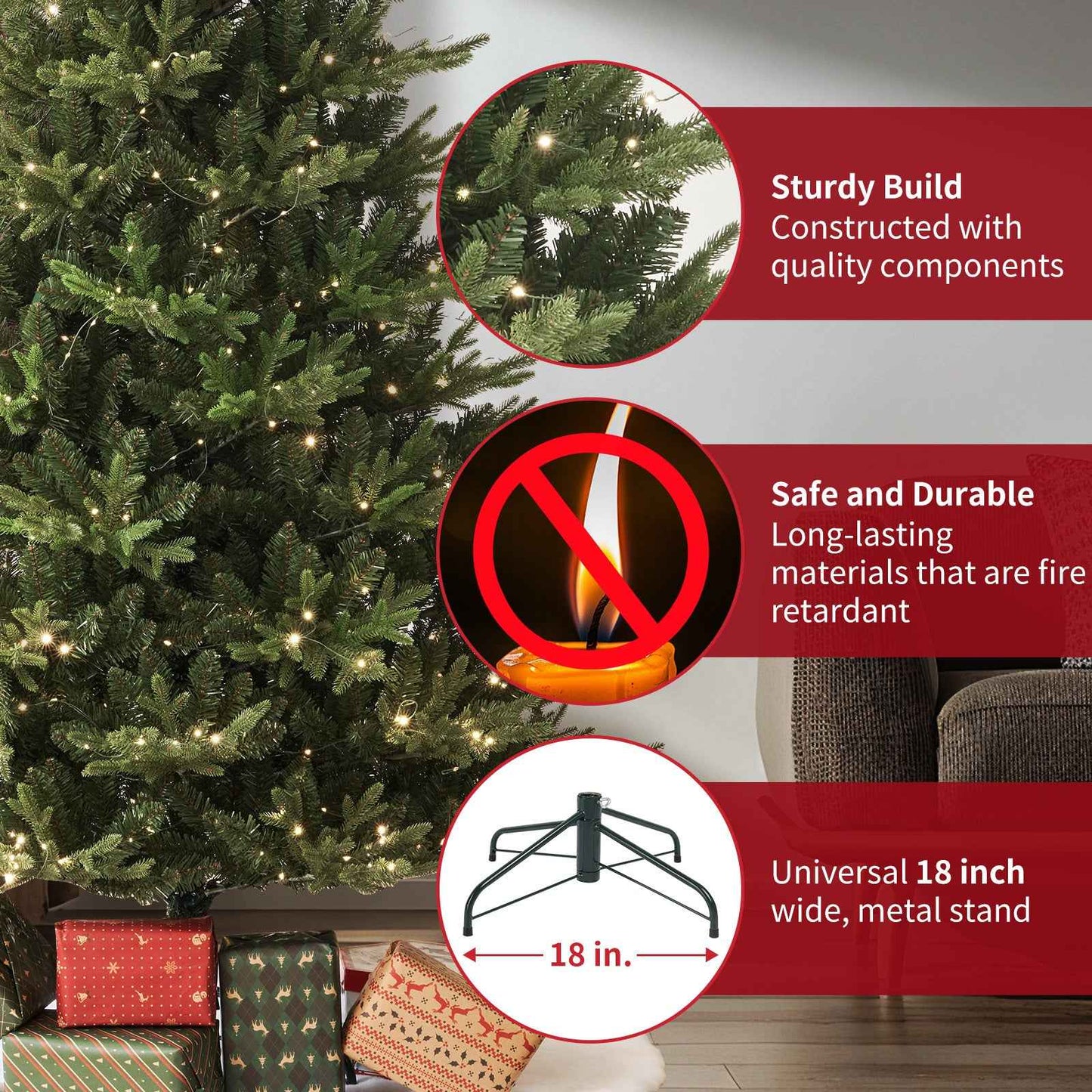 Fraser Slim Fir 7.5ft Christmas Tree Pre-Lit Artificial With 3,429 Branch Tips & 792 Low-Voltage Warm LED Lights, Foldable Stand & Realistic Flame-Resistant Branches