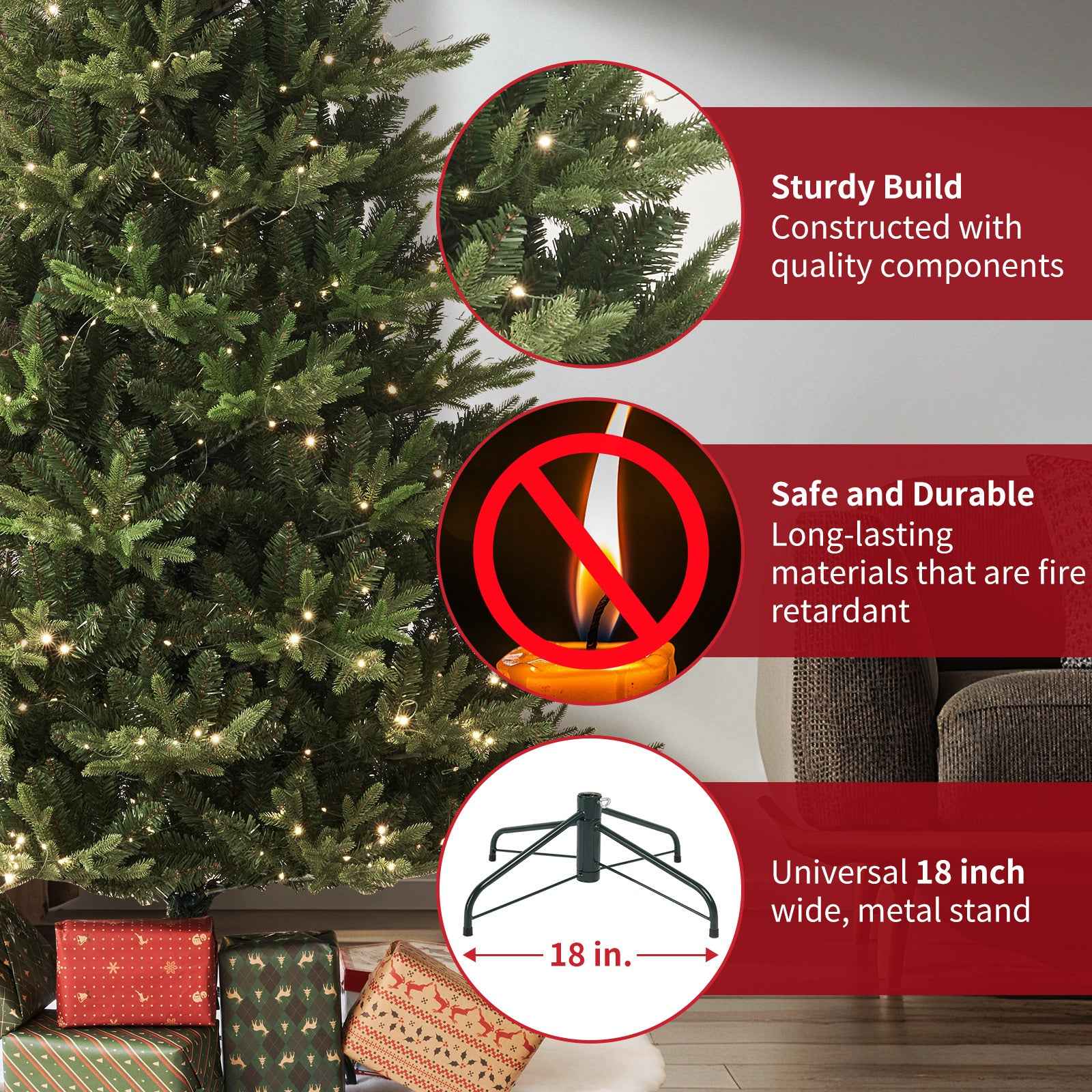 Fraser Slim Fir 7.5ft Christmas Tree Pre-Lit Artificial With 3,429 Branch Tips & 792 Low-Voltage Warm LED Lights, Foldable Stand & Realistic Flame-Resistant Branches