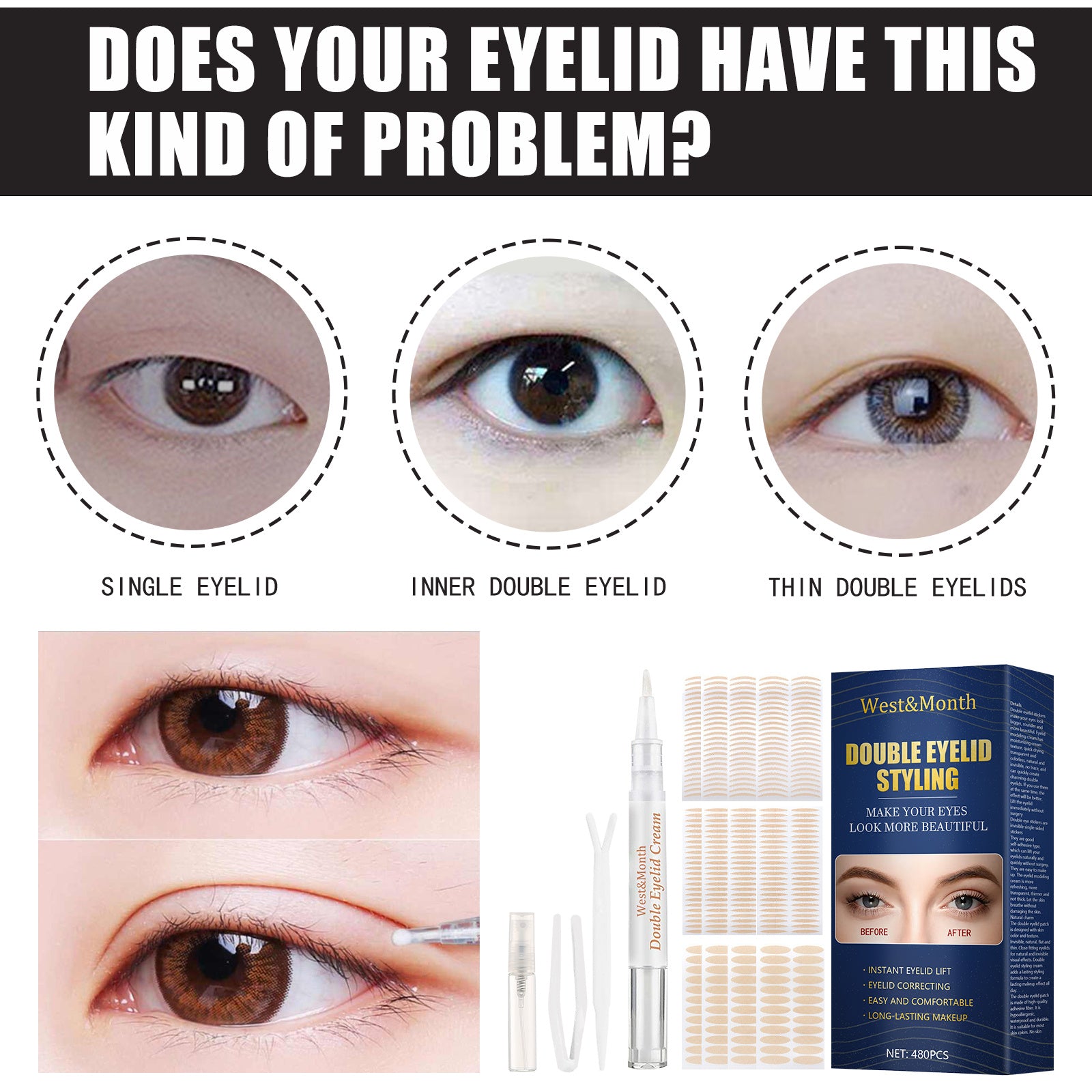 West&Month Double Eyelid Tape - Invisible, No-Glue, Natural Mesh Adhesive, Activates With Water, Beautiful Eyes, Olive Shaped Lace - DropOnline.co