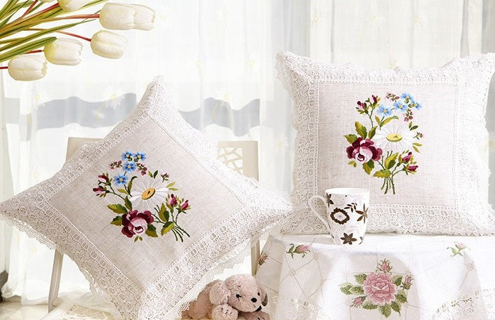 European Style Embroidered Coffee Table, Lace Tablecloth, Pillowcase, Bedside Cushion - DropOnline.co