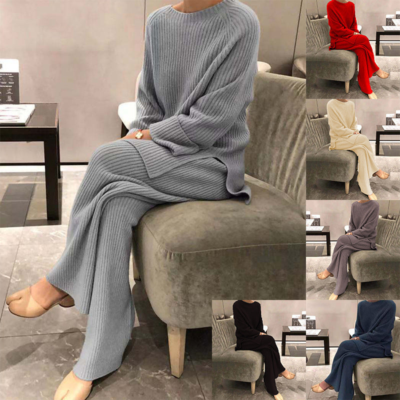 Women's Knit Casual Two-Piece Set - Knitted Sweater and Pants Outfit - DropOnline.co